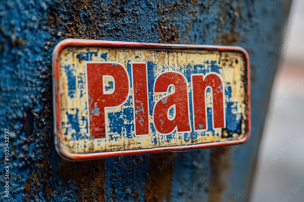 Obraz premium Detailed plan sign on a weathered blue surface in an urban environment