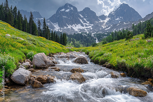 Flowing river through a lush valley with mountains under cloudy skies