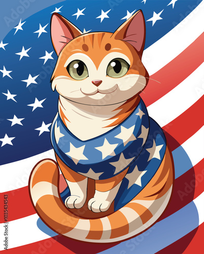 Cute cat resting on the American flag's stars and stripes, showing patriotism