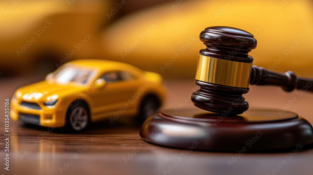 A wooden judge's gavel is placed beside a yellow toy car on a smooth surface, symbolizing legal issues related to automobiles A wooden judge's gavel is placed beside a yellow toy car on a smooth surface, symbolizing legal issues related to automobiles