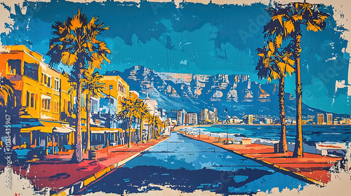 Cape Town, South Africa, classic wood block print effect. Traditional printing. Graphic designed, illustration for travel poster, card, wallpaper, backdrop or banner