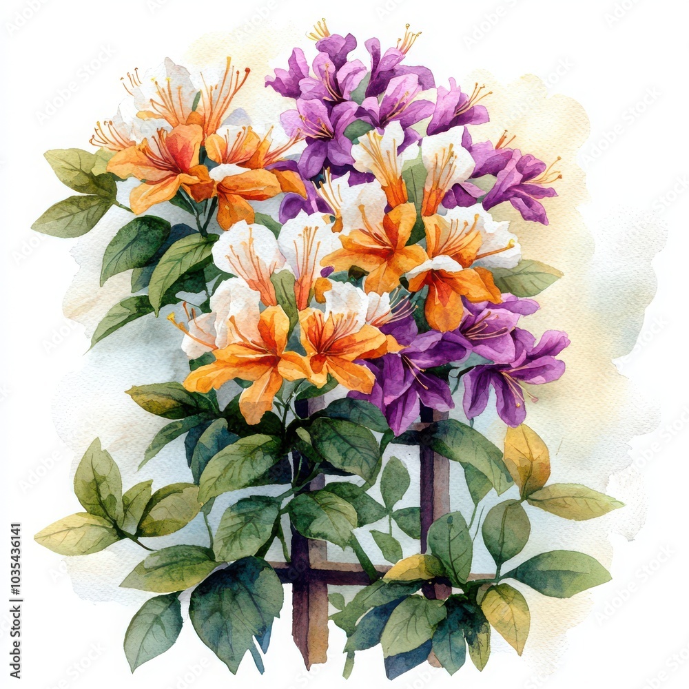 Obraz premium Colorful flowers with green leaves on a white background.