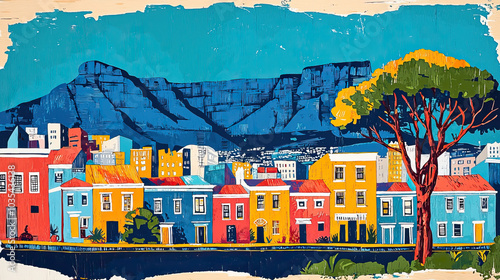 Cape Town, South Africa, classic wood block print effect. Traditional printing. Graphic designed, illustration for travel poster, card, wallpaper, backdrop or banner