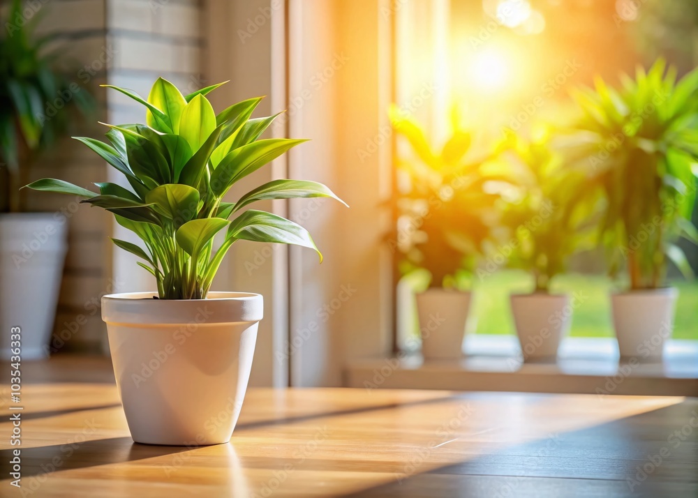 Fototapeta premium Indoor Plant in White Pot Bathed in Sunlight - Perfect for Home Decor and Wellness Inspiration