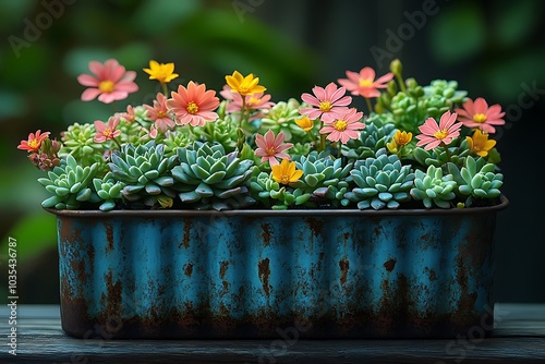 A rustic blue pot with vibrant succulents and flowers photo