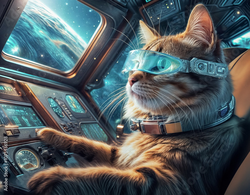 Magnifique illustration d'un chat pilotant un vaisseau spatial, cockpit, tableau de bord, science-fiction, amusant, planète, galaxie, cool  photo