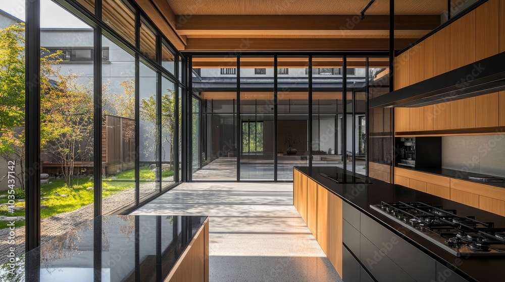 Fototapeta premium A sleek open kitchen overlooking a Japanese courtyard through a series of large