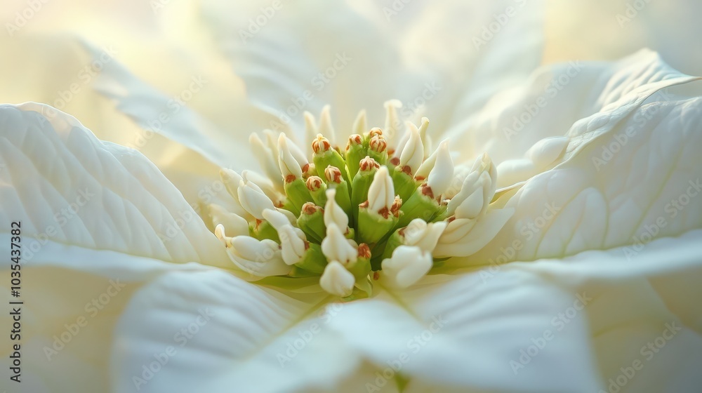 Obraz premium White Poinsettia in Full Bloom: Macro Nature Close-Up of Beautiful Leafy Plant