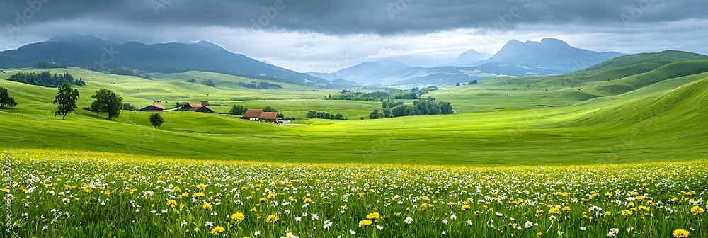 Fototapeta premium Breathtaking landscape of lush green meadows dotted with vibrant wildflowers surrounded by rolling hills and a serene pastoral vista