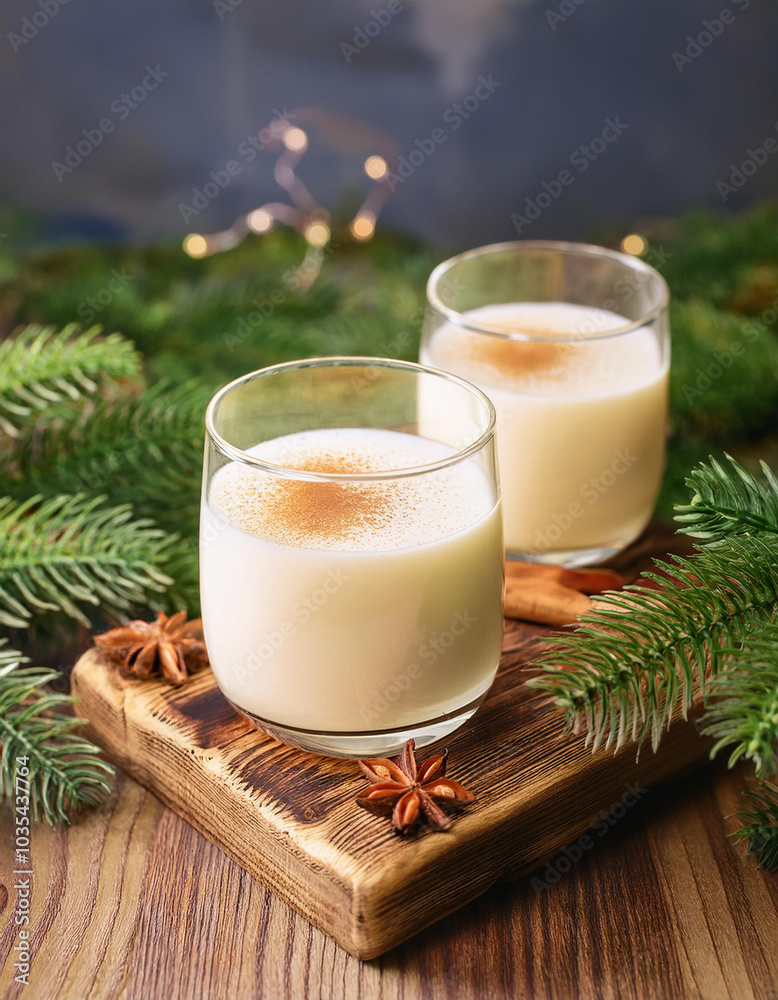 Two glasses of eggnog. Classic holiday drink on wooden table. Tasty Christmas beverage. Two glasses of eggnog. Classic holiday drink on wooden table. Tasty Christmas beverage.