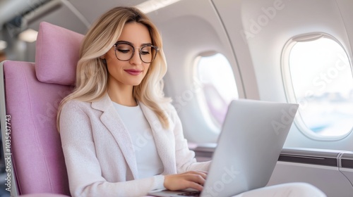 Businesswoman analyzing investments on laptop in airplane cabin for efficient portfolio management