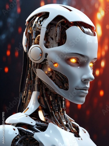 AI robot with glowing eyes stands out against an abstract digital background filled with futuristic patterns and colors.