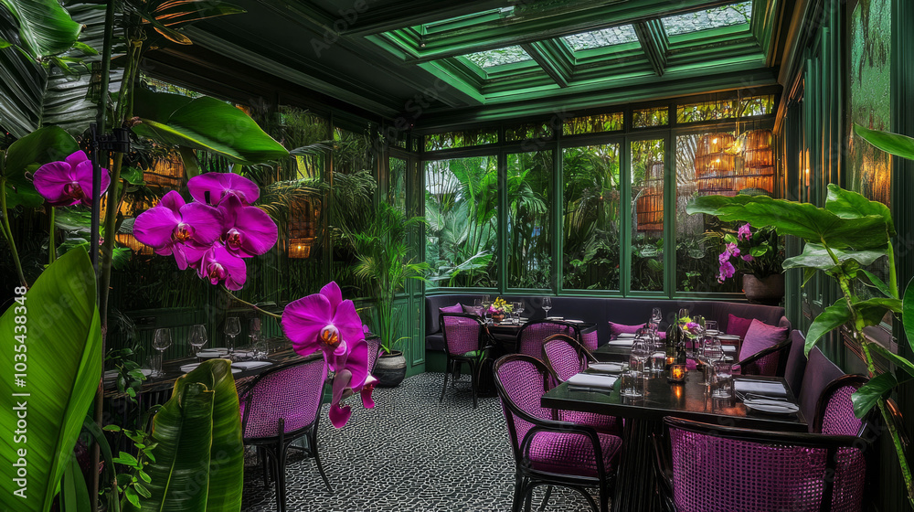 Naklejka premium Tables adorned with orchids and violet chairs beneath a green ceiling