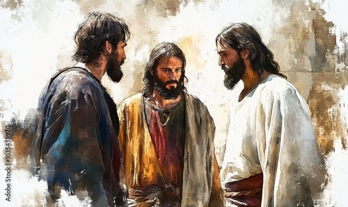 Jesus is condemned to death. Digital watercolor painting, Generative AI