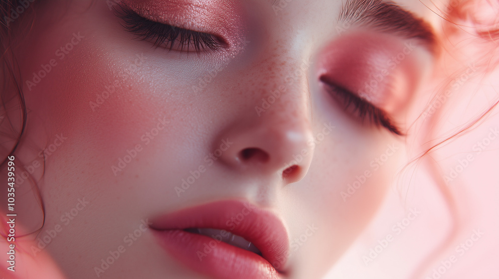 Naklejka premium Soft pink makeup look with glowing skin, Close-up of radiant beauty with pink tones. Soft pink blush makeup with flawless skin. Cosmetics photo, beauty industry advertising photo.