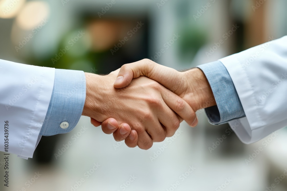 Two individuals in lab coats shake hands in a bright healthcare facility, reflecting partnership and cooperation Two individuals in lab coats shake hands in a bright healthcare facility, reflecting partnership and cooperation
