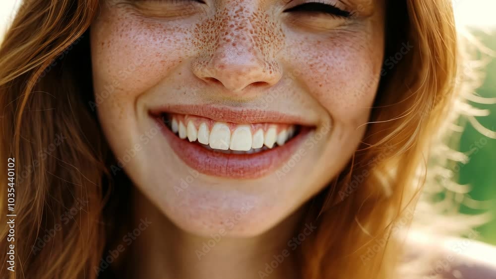 A woman with freckles smiles brightly, showing off her white teeth A woman with freckles smiles brightly, showing off her white teeth