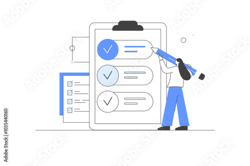 Online Survey, Rating Icon. Character Filling Survey Form, putting Check Marks on Checklist, Feedback. User Experiences Concept. Flat Cartoon Vector Illustration. Minimalist line, abstract