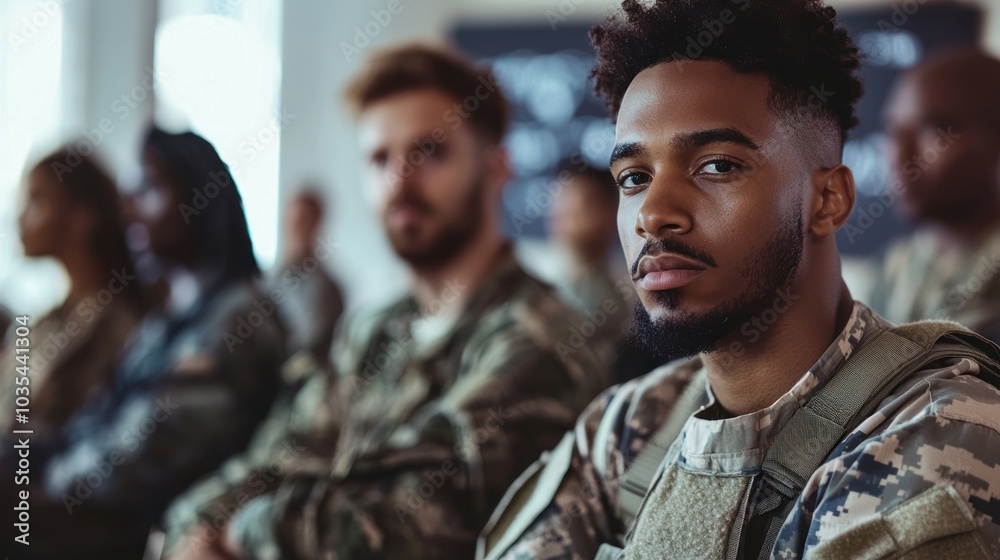 A group of veterans attending a mental health awareness seminar, emphasizing the importance of mental well-being after service A group of veterans attending a mental health awareness seminar, emphasizing the importance of mental well-being after service