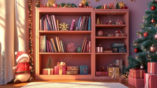 Wallpaper Mural Cozy holiday scene with bookshelves, gifts, and a Christmas tree. Torontodigital.ca