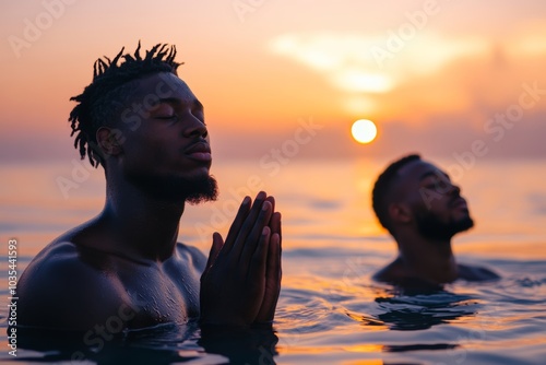 Baptism. Portrait of two young black man praying in the water at sunset, Generative AI