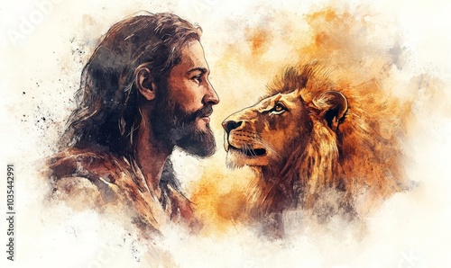 Jesus the Lion of Judah. Lion and man in the meadow, digital watercolor illustration, Generative AI