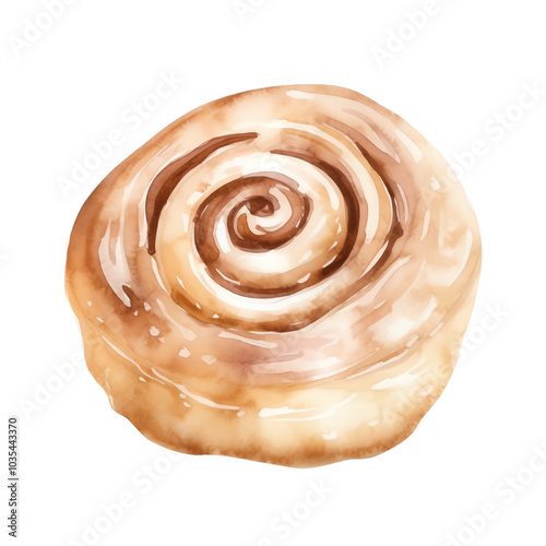 Watercolor illustration of a delicious cinnamon roll, showcasing its delicate swirls and golden-brown glaze, perfect for bakery-themed projects.