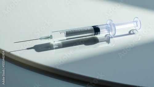 A sterile medical syringe with its protective cap, placed neatly on a clean surface, ready for a healthcare procedure.