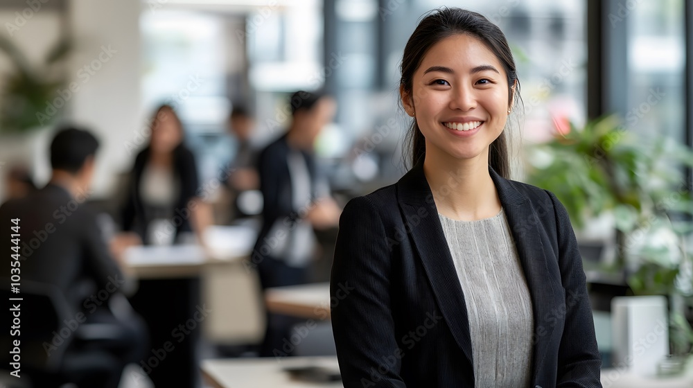 Fototapeta premium Portrait of a Smiling Businesswoman in a Modern Office Setting