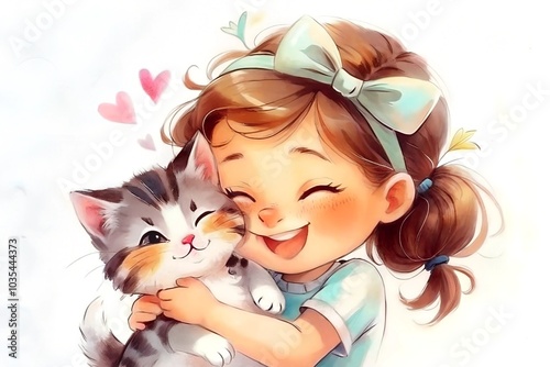 Joyful girl hugging kitten with bow against white background