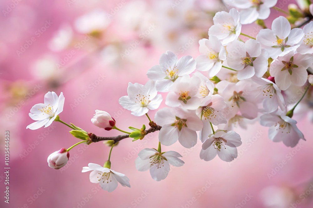 Obraz premium Low angle view of white cherry blossoms with pink background