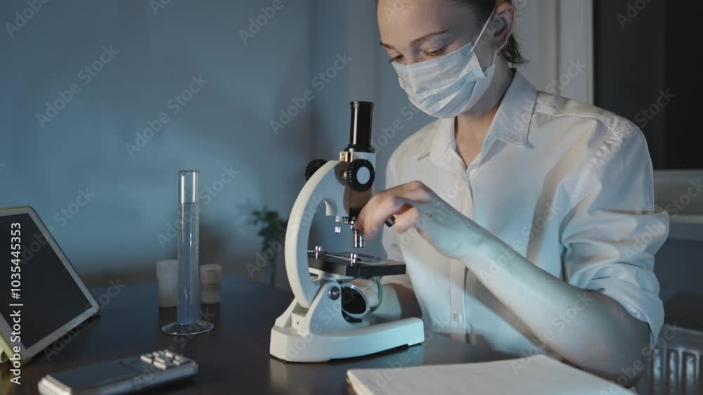 A female biologist examines an organic sample with a microscope. The science of medicine and biochemistry.