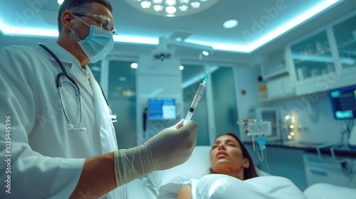 A medical professional administering plasma therapy to a patient in a sterile hospital room. The doctor holds a syringe filled with plasma, while the patient lies on a hospital bed.