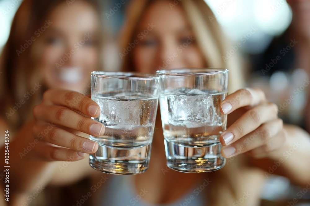 Friends toasting each other with shots of vodka, Generative AI Friends toasting each other with shots of vodka, Generative AI