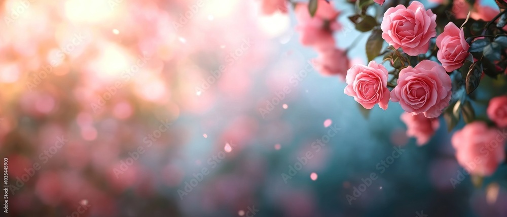 A serene escape captivating blurred background of a rose arch in soft focus embracing the beauty of nature's delicate blooms. A serene escape captivating blurred background of a rose arch in soft focus embracing the beauty of nature's delicate blooms.