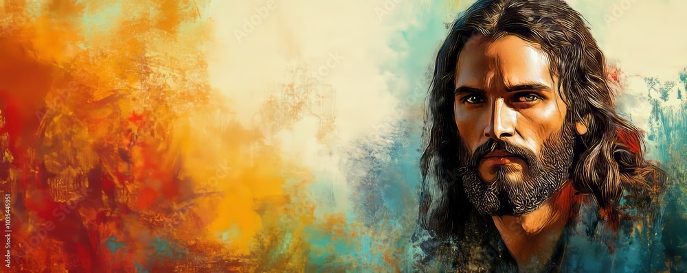 Portrait of Jesus Christ in black and white with copy space ...