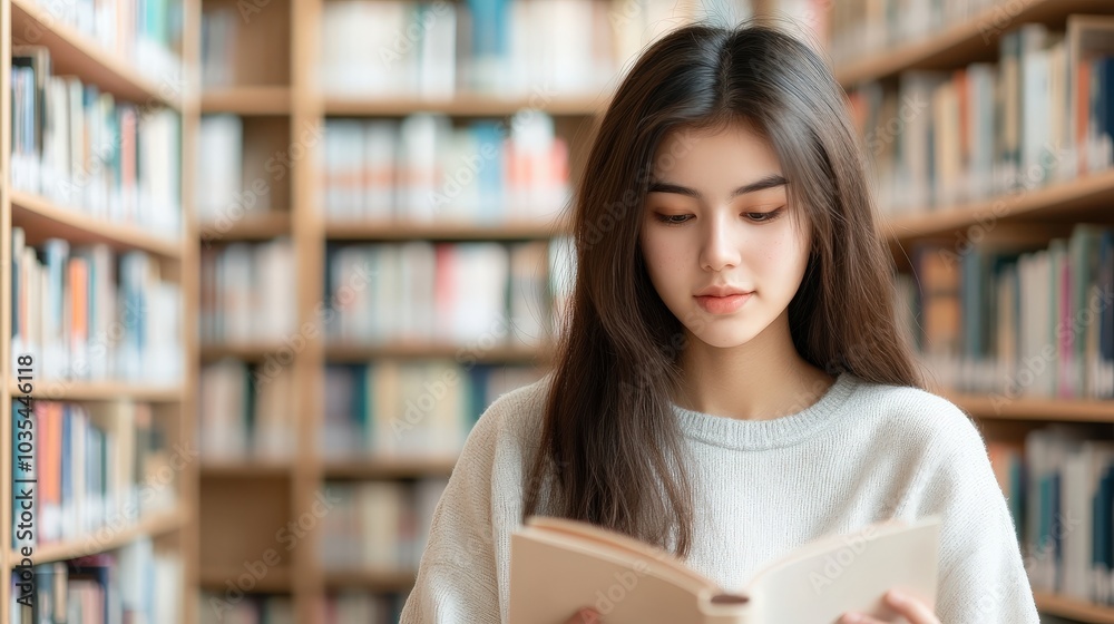 Young woman engrossed in a book, surrounded by towering bookshelves in a bright library; a tranquil scene of focused study. Young woman engrossed in a book, surrounded by towering bookshelves in a bright library; a tranquil scene of focused study.