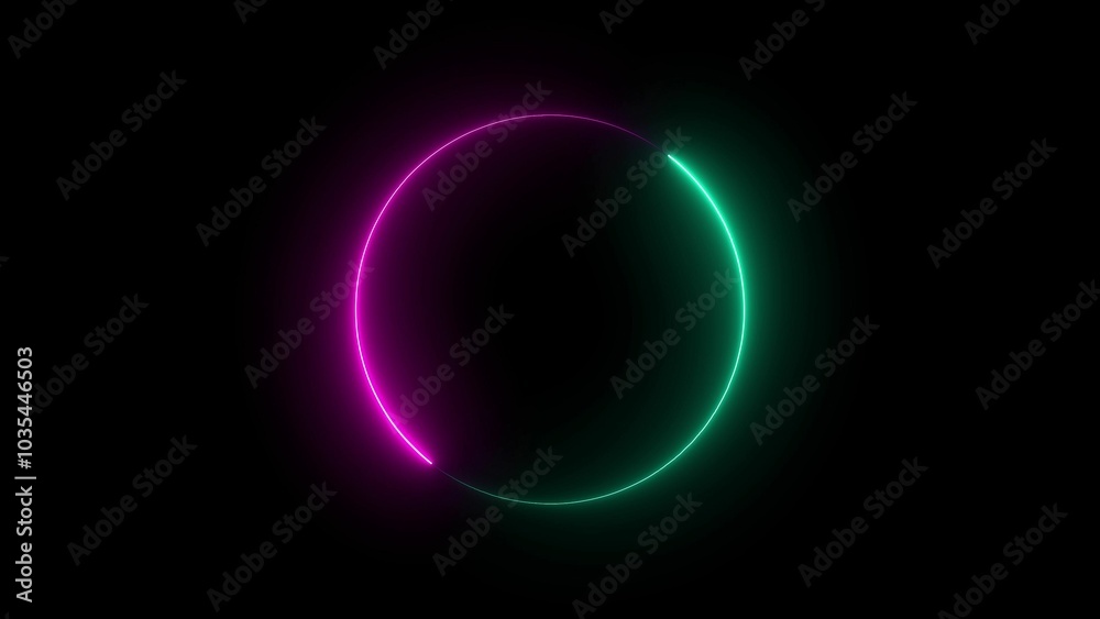 Round circle picture frame with two tone neon color shade motion graphic on black background. Neon light moving for overlay element. Neon circle illustration. Round circle picture frame with two tone neon color shade motion graphic on black background. Neon light moving for overlay element. Neon circle illustration.