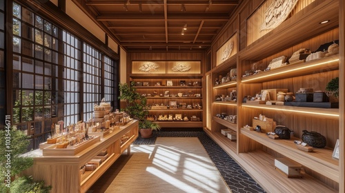 A tastefully decorated Japanese-style shop interior with an abundance of wooden shelves displaying delicate handmade crafts