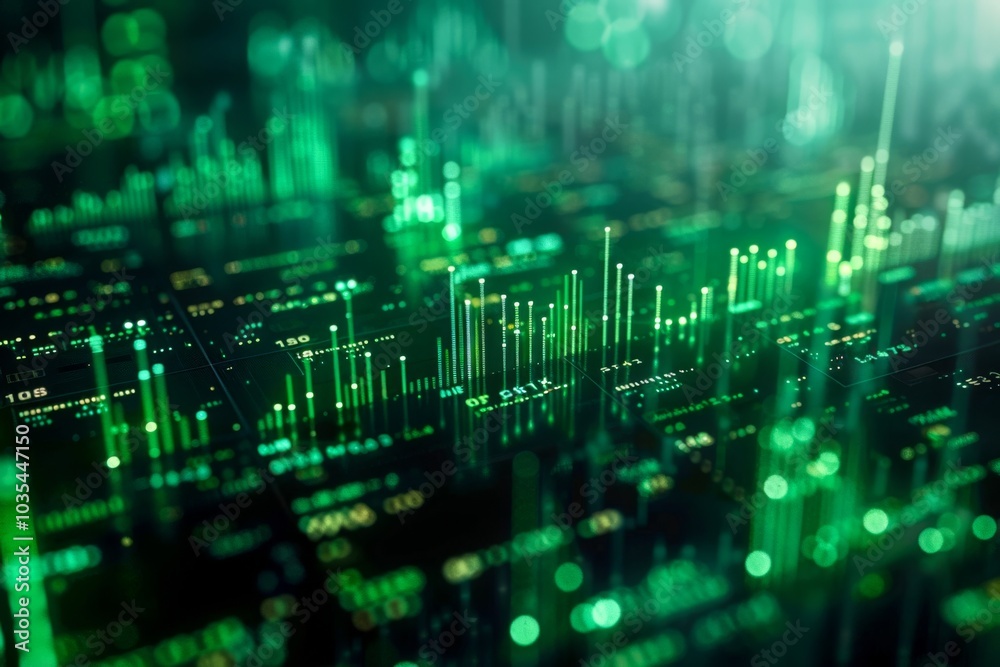 Close-up shots of stock market candle stick charts, graphs showing trends, and financial data analytics, green colored, cinematic