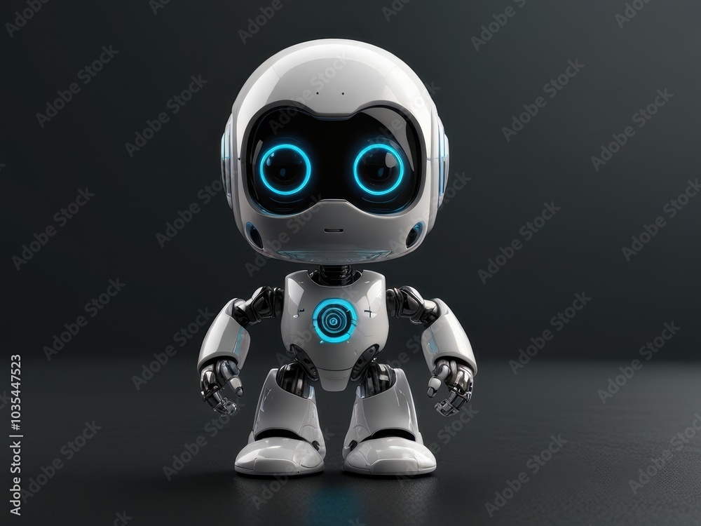 Sleek 3D AI robot mascot, designed like a floating chatbot, small and compact, smooth, rounded body