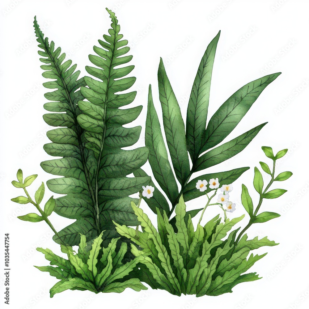 Lush green ferns and foliage on a white isolated background.