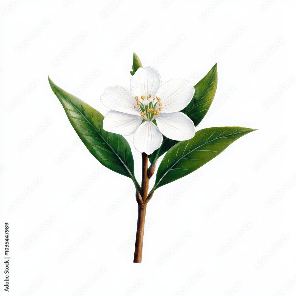 White flower with green leaves on a stem, white isolated background. White flower with green leaves on a stem, white isolated background.