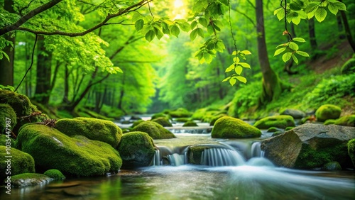 lush green leaves lining a stone stream with flowing water in a beautiful landscape