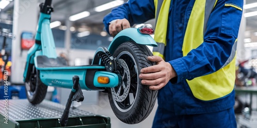 A mechanic in a workshop meticulously performs routine maintenance on a modern electric scooter. He is checking the brakes and electrical systems ensuring it's in top working condition.