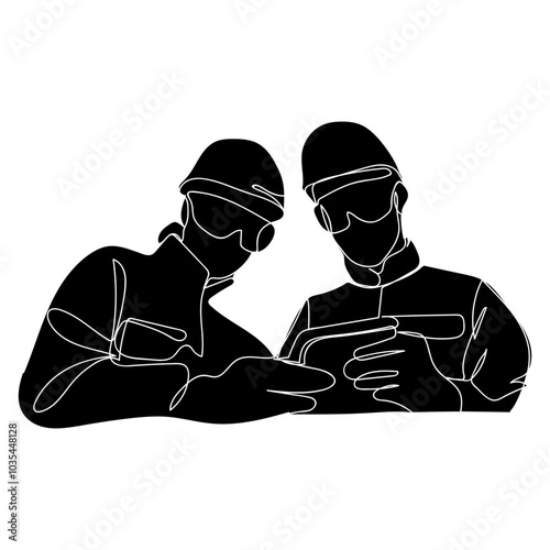 Silhouettes of two professional engineers, two engineers wearing helmets looking at a tablet screen