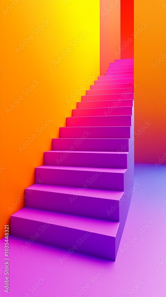 Vibrant neon staircase ascending through a kaleidoscope of colors: purple steps lead upwards, framed by orange walls and a red accent, creating a surreal, dreamlike atmosphere. Vibrant neon staircase ascending through a kaleidoscope of colors: purple steps lead upwards, framed by orange walls and a red accent, creating a surreal, dreamlike atmosphere.