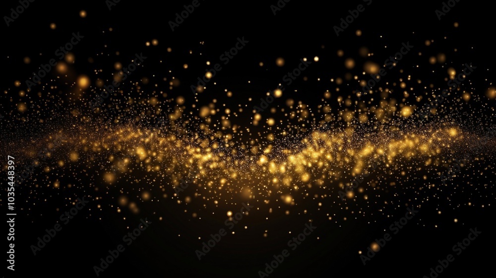 Abstract shiny luxury gold light wave design element with glitter effect on dark background. Abstract shiny luxury gold light wave design element with glitter effect on dark background.
