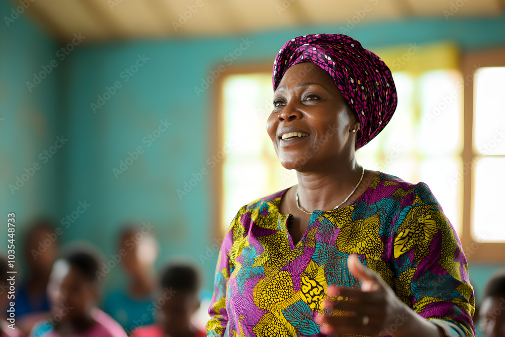 A middle-aged Nigerian woman in vibrant Ankara woman speaks passionately to an engaged audience in a colorful, vibrant setting, embodying empowerment and connection A middle-aged Nigerian woman in vibrant Ankara woman speaks passionately to an engaged audience in a colorful, vibrant setting, embodying empowerment and connection