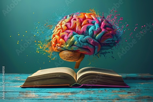 Concept of education and success. Online education, new idea. Collage with a colorful brain, book, Generative Ai 